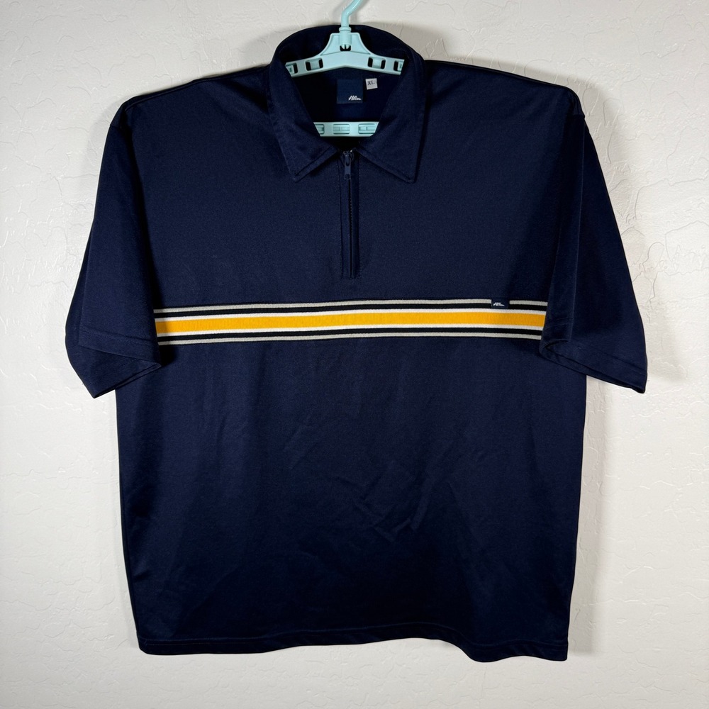 Vintage No Fear Zip Polo Shirt Mens XL Navy Blue Yellow Stripe‎ Y2K Skater